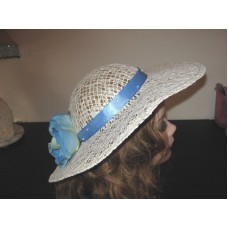 New Vintage Style Ladies Fancy Beige Wide Brim Lace Church Hat w Blue Accents  eb-85266559